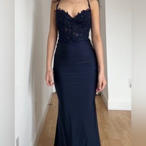 La Femme Sheer Lace Bodice Jewel Tone Jersey Gown